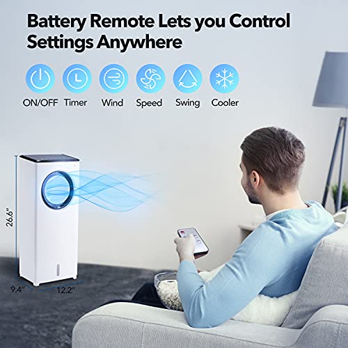 Evaporative Air Cooler Swamp Bladeless Tower Fan Cooling Humidifier with Remote Control 3 Wind Modes Speeds 45 Oscillating 8H timer Indoor Portable Air Conditioners Low Noice for Bedroom Homeoffice