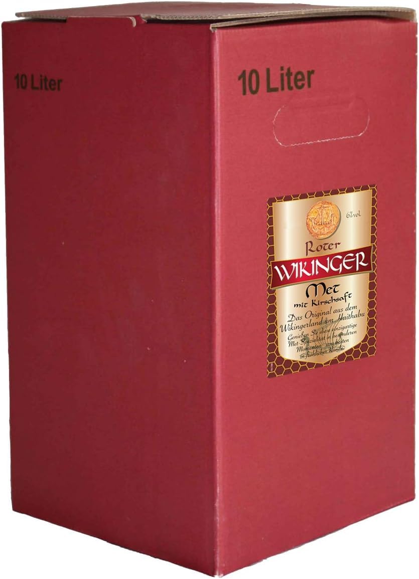 Wikinger Met Roter Met - 10 L Bag in Box Met Honigwein 6 % vol. aus dem Wikingerland - Fruchtig aromatischer Honigmet mit Kirschsaft - Pur, Aperitif oder Heißgetränk