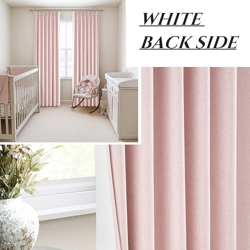 Image of Pink Blackout Thick Linen Drapes 108 Inches Long 2 Panels Set for Bedroom, Extra Long Pinch Pleated Floor to Ceiling Boho Curtains Room Darkening Privacy Ceiling Track Burg for 108 Inch Large Windows