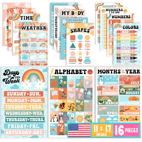 Image of Hadley Designs 16 Educational Posters for Classroom Must Haves - Laminated Pre-K Posters for Toddler Homeschool Essentials, Toddler & Preschool Learning Activities, Kindergarten Classroom Decor