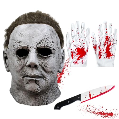 TISMHGKU Máscara de Michael Myers, máscara Michael Myers Halloween, máscara de horreur, adultos máscara látex assustadora com faca falsa luvas, disfarce de cosplay de cream de carnaval de Halloween