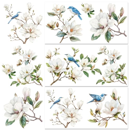 BEUNITONE 3 Sheet Vintage Birds Flowers Rub on Transfers Magnolia Flower Rub on Transfers for Crafts Furniture Classic Birds Flowering Branch for Home Office Garden Door Wood DIY Craft 11.8* 5.9