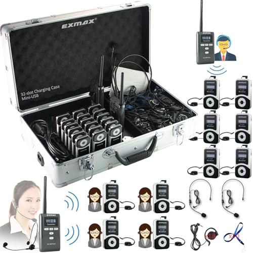 EXMAX EX-100S 72MHz Wireless Tour Guide Audio Voice Transmission System for Church Translation Simultaneous Interpreting School Teaching Worship(2 Transmitters & 18 Receivers Charging Case Mini-USB)