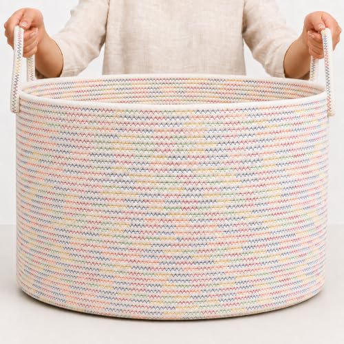 Image of OrganiHaus Round Toy Basket & Blanket Basket, Cotton Rope 20x13 inch | Stitches Rainbow - Round Cotton Rope Basket, 20x13 inch