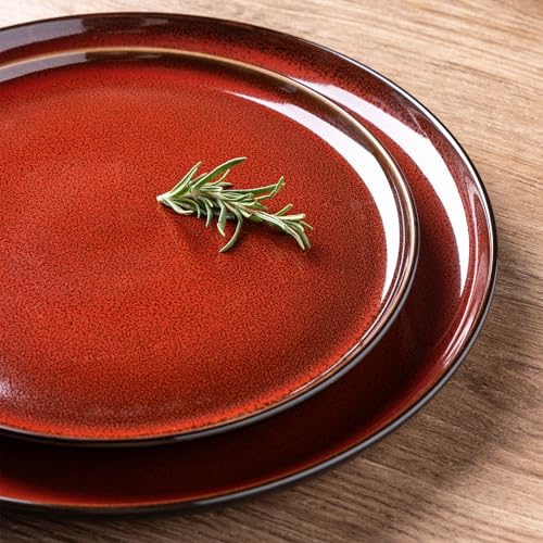 Image of LERATIO Ceramic Dinnerware Sets for 8,Plates and Bowls Sets,Handmade Reactive Glaze Dishes Set,Highly Chip and Crack Resistant | Dishwasher & Microwave & Oven Safe Dishes set,Service for 8-Red(24pc)
