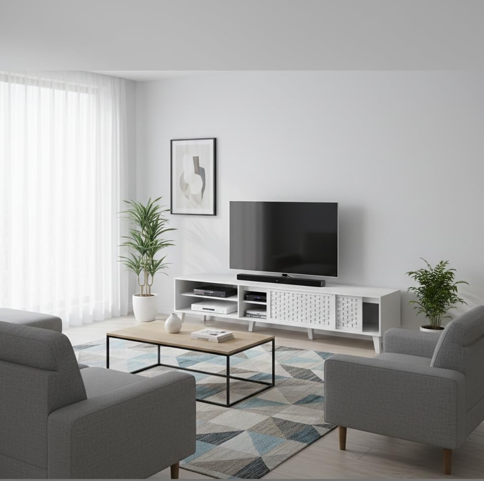 Mid-Century Modern Style 180cm white TV Cabinet with Woven Sliding Doors engineered wood Entertainment Unit with Open Shelves & Cable Hole 40cm Depth and 43cm Height Media Console for Living Room