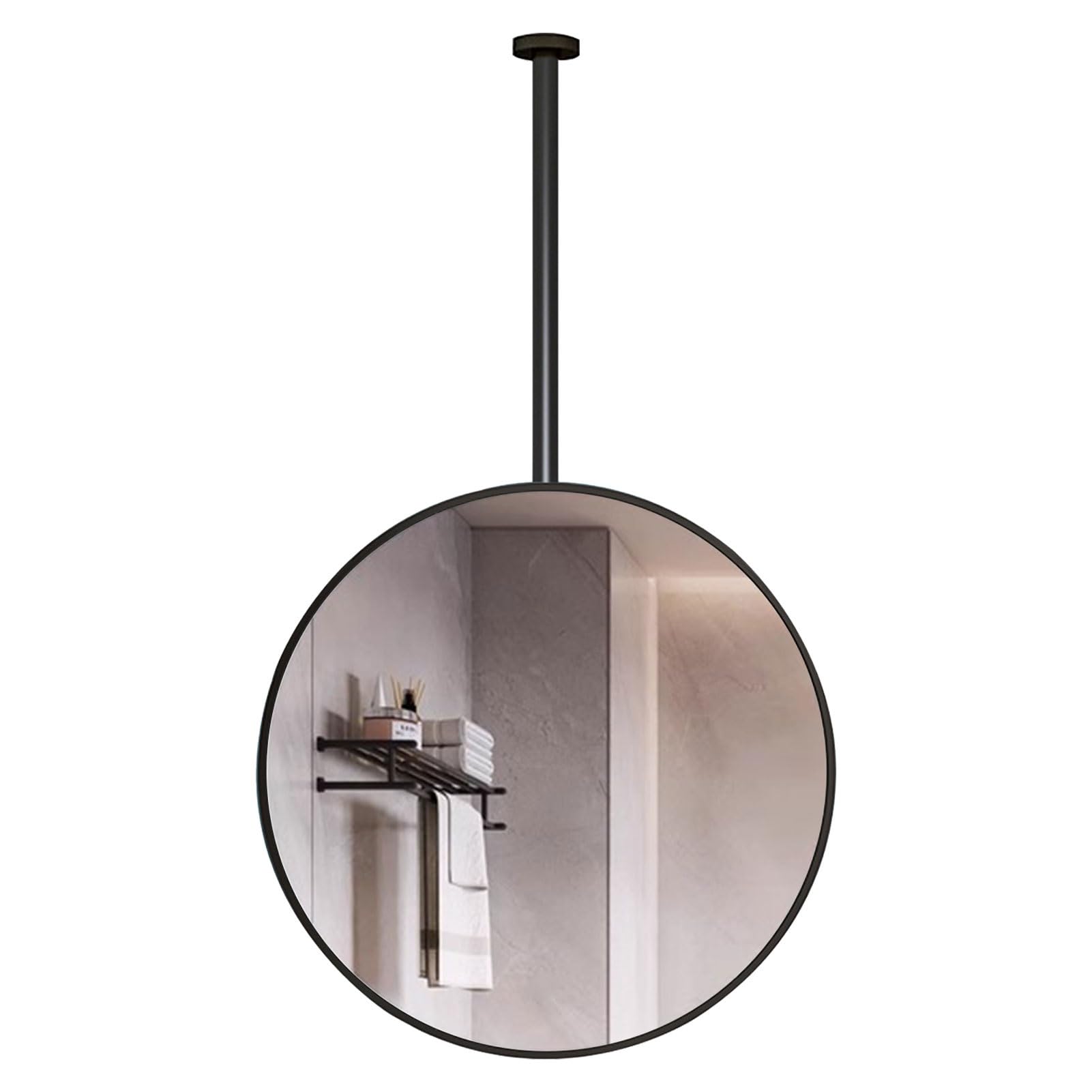 FGXHHS Round Hanging Rod Mirror, Ceiling Mirror for Cloakroom Washroom Bathroom Vanity Makeup Living Room Bedroom Entrance Decorative - Black Metal Frame(Diameter-70CM/27.6INCH)