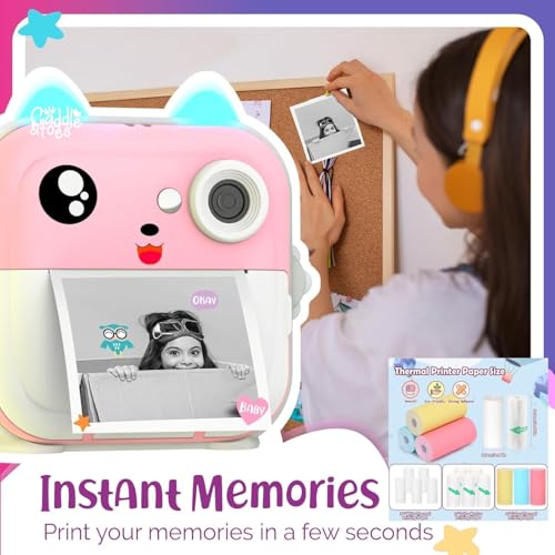 Image of CADDLE & TOES Instant Print Camera for Kids - 1080P HD, 48MP, SD Card, Bluetooth, Free App, 3 Rolls Print Paper, Stickers, Fun Filters, Gift for Kids (Pink with Printer ROLL Set)