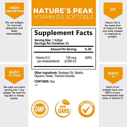D Vitamin 5000 Iu Vitamin D3 Softgels - High Potency D3 Vitamin For Bone Health, Muscle, & Immune Support - Extra Strength 125 Mcg - Natures Non-Gmo 5000Iu D3 Supplement - 60 Softgels, 60 Day Supply #TOP1
