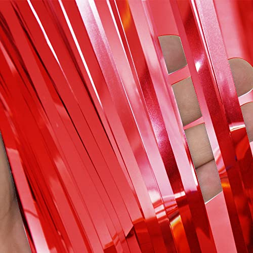 Image of GOER 3.2 ft x 9.8 ft Metallic Tinsel Foil Fringe Curtains for Party Photo Backdrop Wedding Decor (3 Pcs, Red)