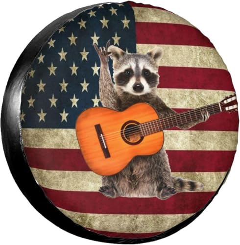 Image of Music Raccoon Spare Tire Cover for Rv Trailer Camper Truck SUV - Cute Raccoon Animal Wheel Protectors Cover Waterproof Fabric for Travel Camping Outdoor,Universal Fit,14 inch