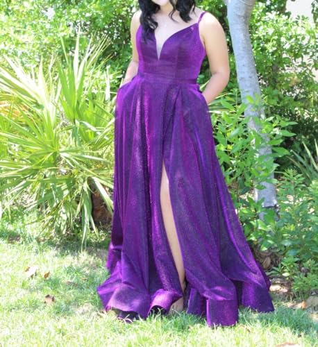 Image of Women's Glittery Spaghetti V-Neck Prom Dresses Long A Line Bridesmaid Dresses Side Split Formal Evening Gowns Dusty Blue,US10