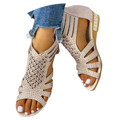 Chaussures pour femme - Bottines noires à talon moyen - Design creux - Chaussures romaines pour un usage quotidien - Sandales d'été élégantes, beige, 36 EU