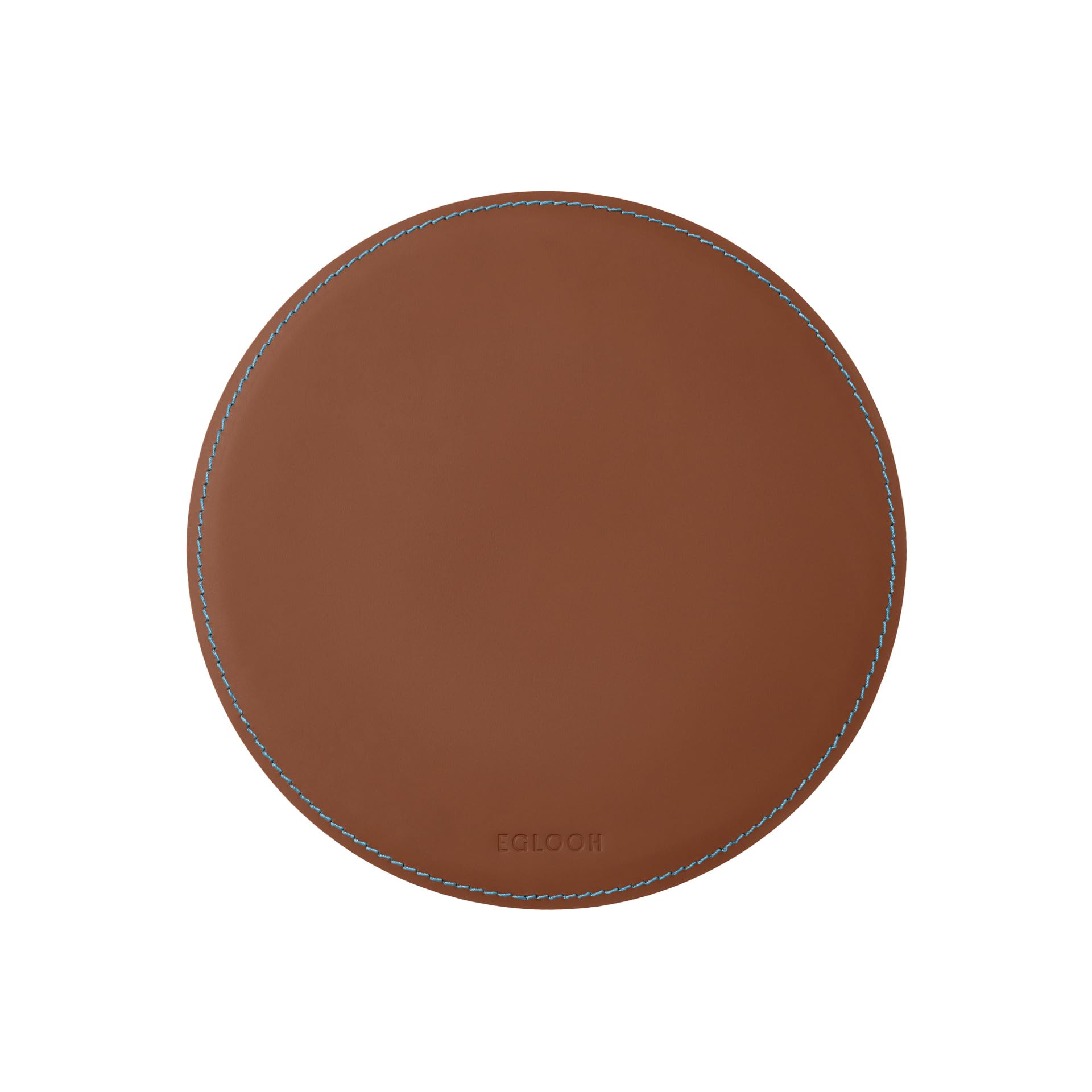 eglooh - Atlante Deluxe - Tapis de Souris Rond en Cuir Orange Marron Naturel cm 23x23 - Tapis Souris pour Bureau avec Coutures Artisanales Bleu en Contraste et Fond Antidérapant - Made in Italy
