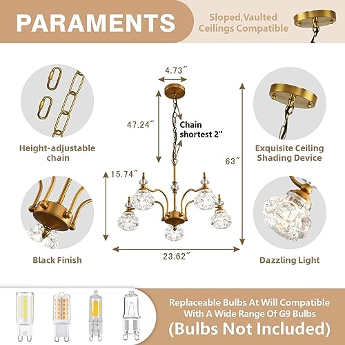 5-Light Vintage Gold Crystal Chandeliers for Dining Room, Antique Victorian Chandelier, Rustic Kitchen Island Light Fixtures, Modern Farmhouse Hanging Pendant Lights for Living Room, Bedroom, Foyer