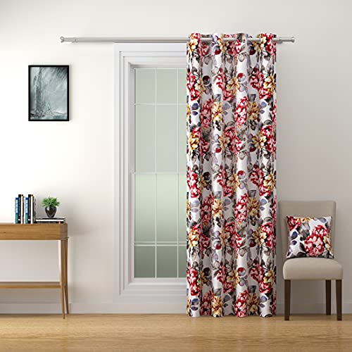 Image of Swayam 90% Blackout Polyester Window Curtain for Living Room & Bedroom | 5 Feet | Room Darkening Curtain with Eyelets | Pack of 2 | Floral Design - Red & Grey