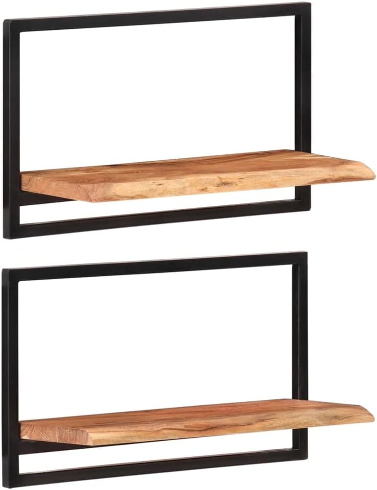 Wall Shelf Set of 2, Rustic Live Edge Solid Acacia Wood Floating Shelves with Matte Black Steel Frame for Living Room, Bathroom, Kitchen Wall Storage