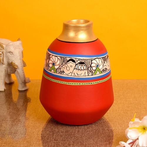 Image of Aakriti Art Creations Earthen Handcrafted Red Madhubani Vase 6.5x5.5 (HxD) | Terracotta Flower Vase | Matte Finish Traditional Decorative Vase for Living Room Decor, Table Decor, Shelf Decor & Gifting