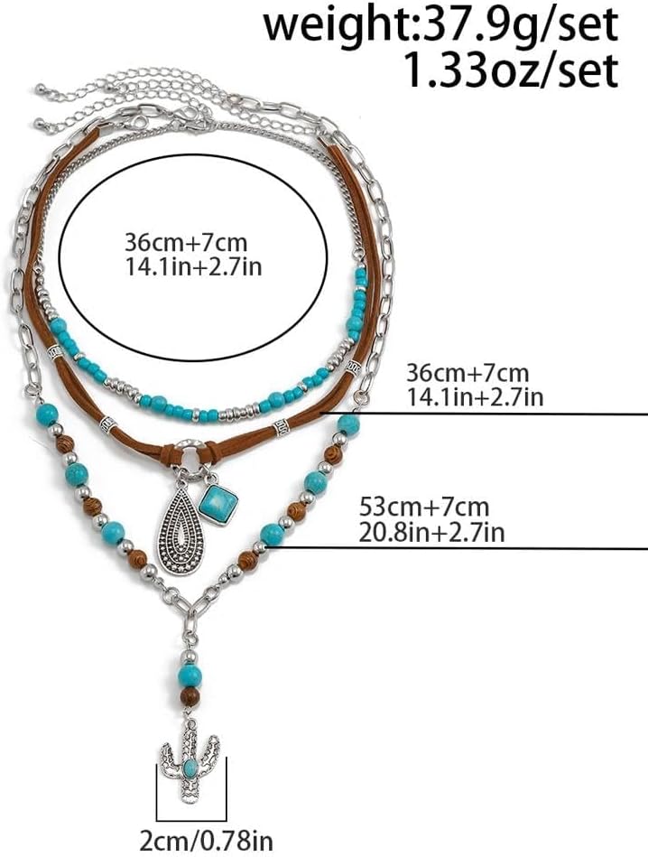 Boho Layered Necklaces for Women Western Turquoise Beaded Leather Necklace Vintage Cactus Pendant Necklaces Country Concert Cowgirl Dresses Accessory - Image 2