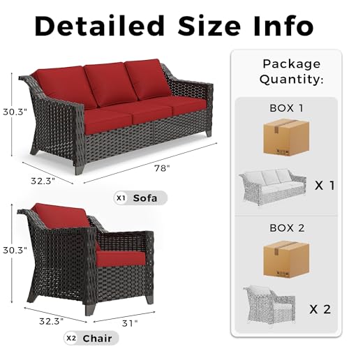 Image of 3 Piece Patio Furniture Set, Wicker Outdoor Conversation Set | Patio Chair Set with Olefin Removable Cushion, All-Weather Outdoor Couch with Deep Seat for Porch, Deck and Backyard, Red