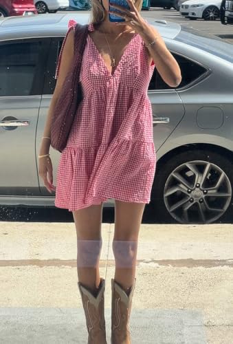 Image of Women Y2k Tie Shoulder Mini Dress Sleeveless Flowy Babydoll Dress Boho Floral Aline Short Sundress