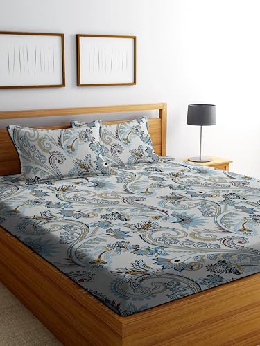 Image of DECORUM Glace Cotton Fitted 1 Bedsheet King Size (72 inchx78 inch) | All Around Elastic | Cotton Feel | 2 Pillow Covers (17 inchx27 inch) | Fits Up to 8 inch Mattress | 200-220 TC | Printed Double Bed Sheet Set