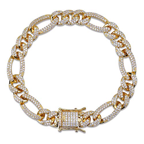 Hechuang All Iced Out Simulated Diamond 10MM Gold Silver Plated Cuban Link Chain Bracelet Necklace (Gold Bracelet, 8)