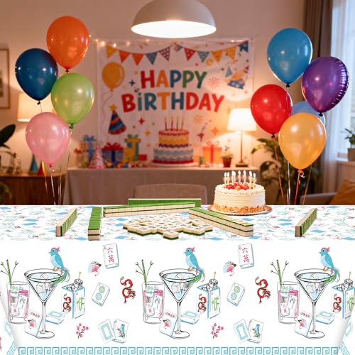 Image of K1tpde Mahjong Party Tablecloth Decoration - 3PCS Cocktail Themed White and Blue Plastic Tablecloth, Disposable Cocktail Tablecover for Adult, Mahjong Party Supplies for Birthday Bachelorette Decor