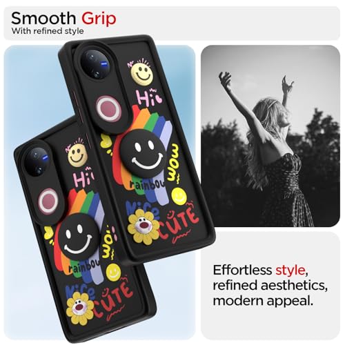 Image of Pikkme Back Cover for Vivo T4R 5G / iQOO Z10R 5G / Vivo V50 5G / V50e 5G | Soft Silicone| Cute Rainbow Smile & 3D Cartoon Flower Design | Shockproof Raised Camera Protection Bumper Case (Black)