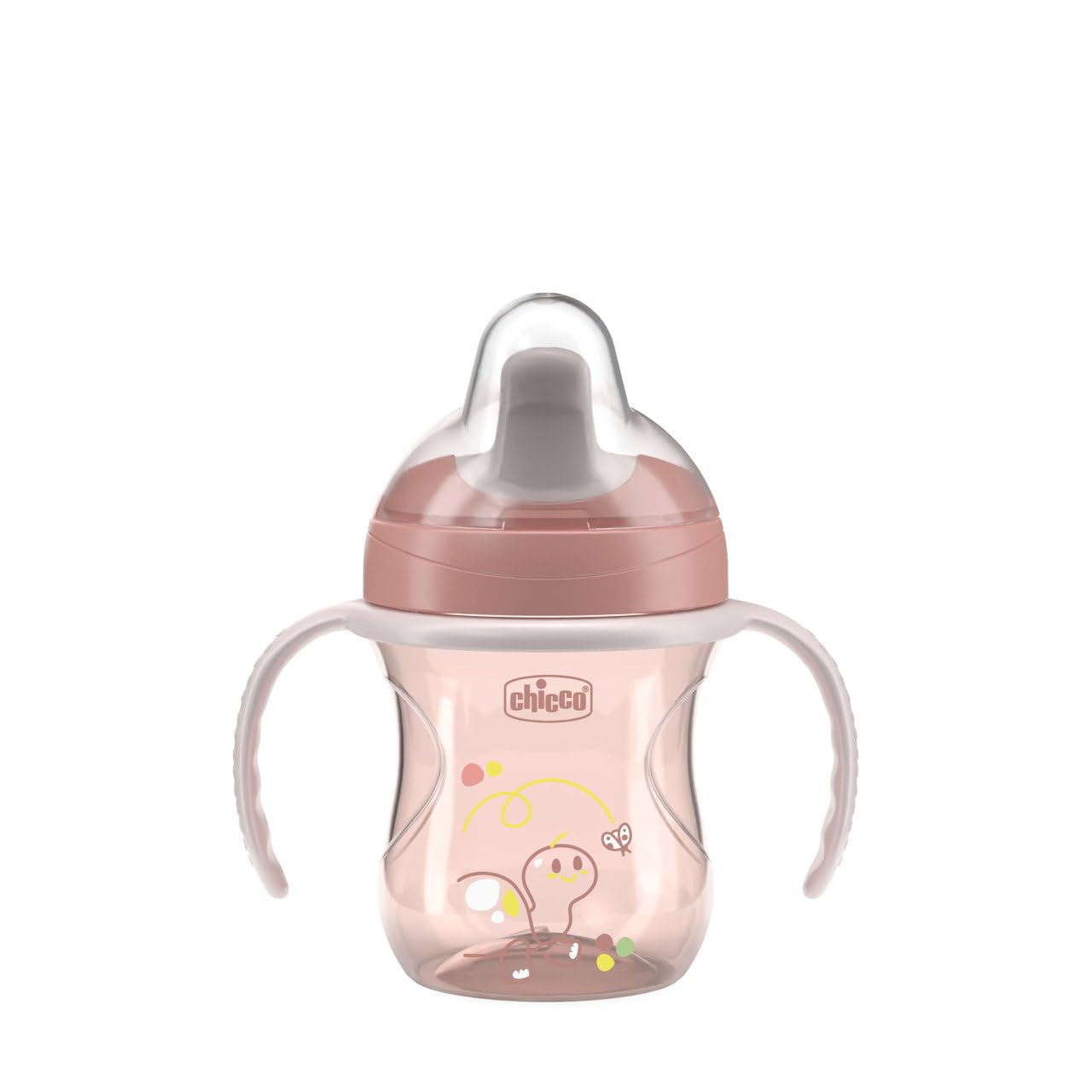 Chicco Training Cup, tasse d'apprentissage en plastique anti-goutte pour un enfant, pour apprendre à boire, bec ergonomique semi-doux, valve et poignées amovibles, 6+ mois, sans BPA, Rose