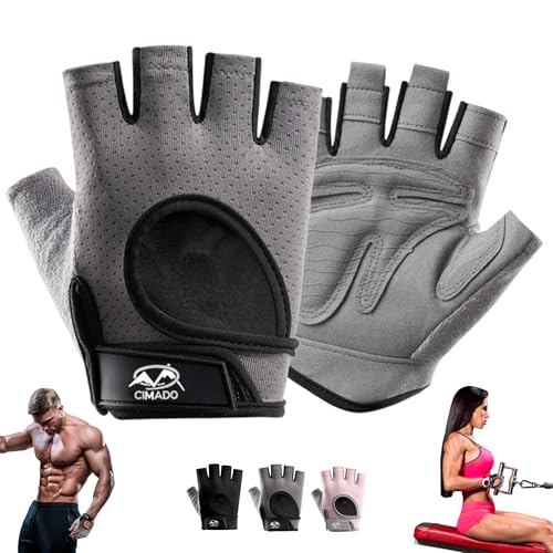 CIMADO®️ Guantes Gimnasio | Guantes Crossfit para Mujer y Hombre, Transpirables, Antideslizantes y Acolchados. Color Gris. Talla S.
