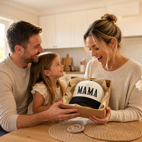 Image of Women's Mama Trucker Hat Trendy, Embroidered Adjustable Mom Baseball Cap, Two-Tone Ponytail Hat for Outfits