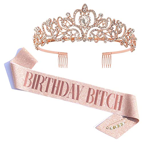 Tiara de cumpleaños rosa y banda con purpurina para mujer y niña