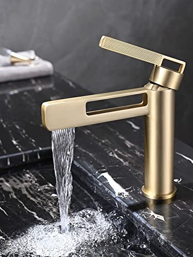 Robinet de lavabo en laiton or brossé monotrou avec mitigeur QTANZIQI pour salle de bain