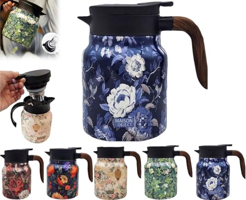 Vintage Floral Design Tea Thermos, 1000ml Stainless Steel Insulated Carafe with Lid for Hot Beverages, Integrated Infuser, Mini Hot Coffee Pot for Office Use