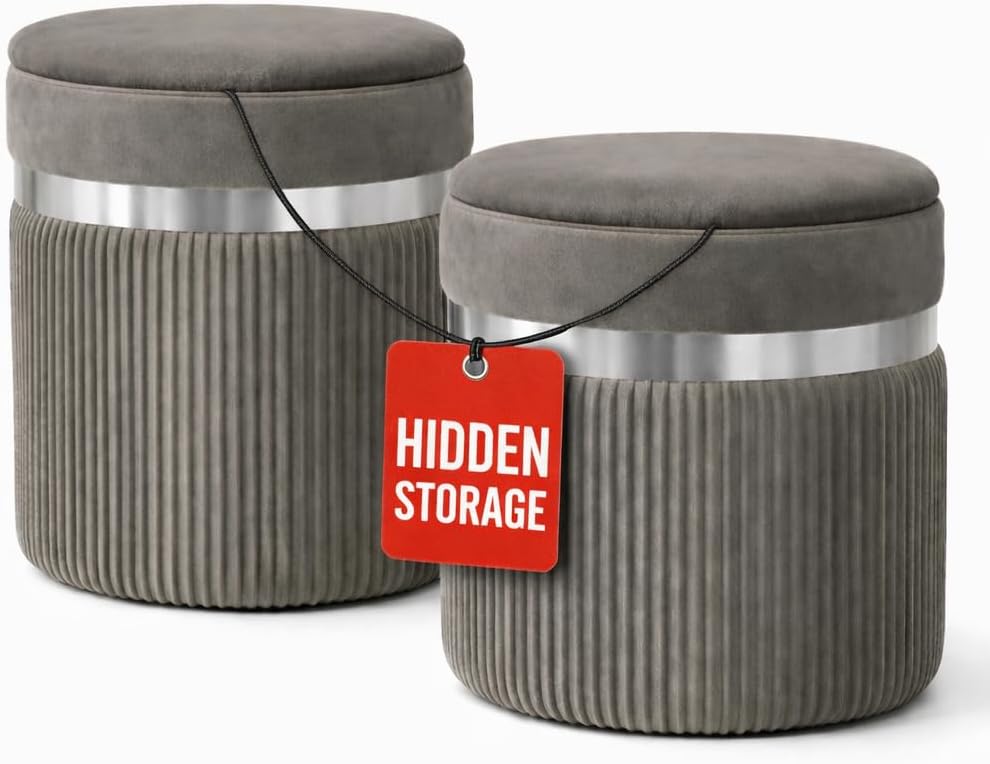 Round Storage Ottoman Set of 2 - Grey Ottoman with Storage for Living Room - Velvet Vanity Stool and Footrest - Round Nesting Ottoman Stools for Bedroom Makeup Area - Grey - Hidden Storage