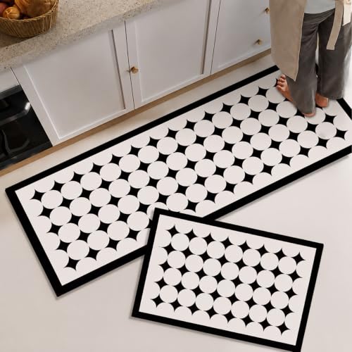 Image of HomeCloud Rubber Kitchen Mats for Floor Set of 2 Pcs | Non-Skid, Soft Absorbent Rugs for Kitchen, Laundry, and Hallway | 120x40cm, 40x60cm| 4mm Thickness (Black White Stars)