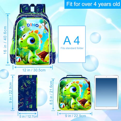 Image of 16 inch Dinosaur Backpack for Boys, Kids Bookbag with Lunch Box, 3Pcs Dino School Backpacks for Elementary Preschool Kindergarten (Green)