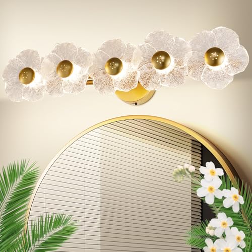 Image of 26.7 inch Gold Bathroom Light Fixtures 5 Light Floral Vanity Lights, 3-Color Dimmable Bathroom Vanity Light Elegant Led Wall Lights Cordless Wall Sconces for Decor,Bathroom,Livingroom