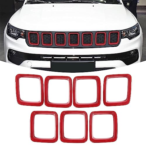 Image of Front Grille Grill Inserts Cover Compatible with Jeep Compass 2017 2018 2019 2020 2021 ABS Grill Cover Rings Frame Trims Kit 7PC (Red)