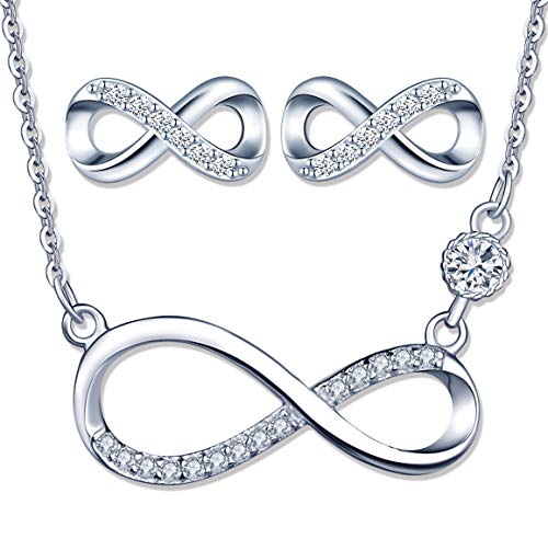 Juego de joyas de plata 925, collar con símbolo de infinito, pendientes de circonita, bonitos pendientes incrustados, joyas para mujeres, niñas, Navidad, cumpleaños, regalo de circonita, plata de ley