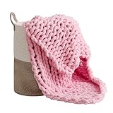 Bedfolks Chunky Knit Throw Blanket - Pink Jumbo Chenille Yarn, 100% Hand-Knit Cozy Blanket for Bed, Couch & Sofa, 50' x 60', Knitted Throw for Christmas Home Décor
