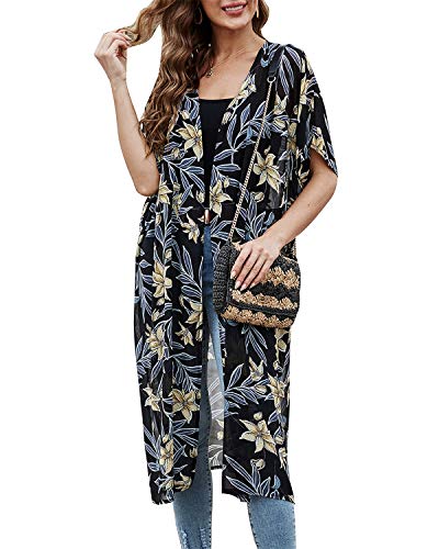 LAMISSCHE Womens Floral Swim Cover Up Casual Loose Beach Kimono Cardigan Tie Dye Tassel Bikini Chiffon Cover Up(Flower-Golden) - Thumbnail 2