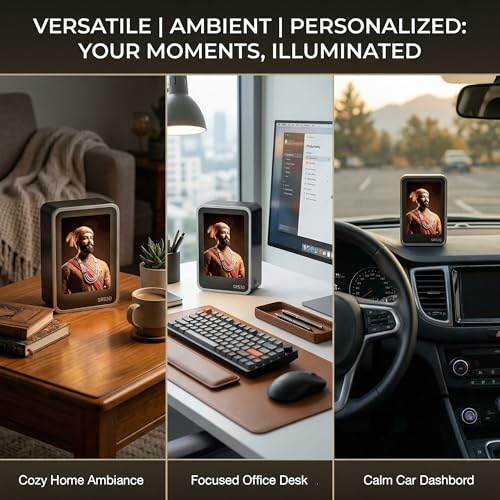 Image of Car Dashboard Dual Side Frame | Personalized |Home | Desk | Office | Small Glow Frame 4x3x1.5 INCH | Multi Color Light | Inside & Outside Visible | Chhtrapati Shivaji Maharaj Frame