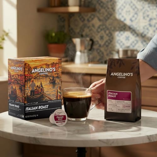 Image of Angelino's Coffee Italian Roast Coffee Pods, 24 Count - Extra Dark Roast Single Serve K Cup Compatible for Keurig - Smoky, Bold & Rich with Dark Chocolate Notes and Caramelized Finish