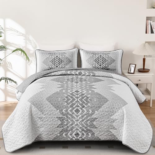 Boho King Quilt Set 3P Grey Aztec Microfiber Bedding