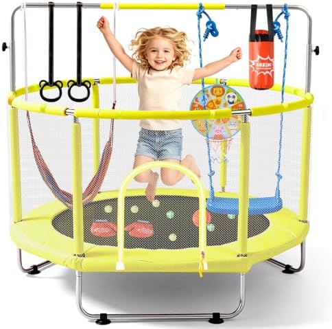 60″ 7-in-1 Trampoline for Kids with net, 440lbs Capacity Indoor & Outdoor Toddler Trampoline with Adjustable Gymnastics Bar & Toys, Gift for Boys & Girls Ages 3–8
