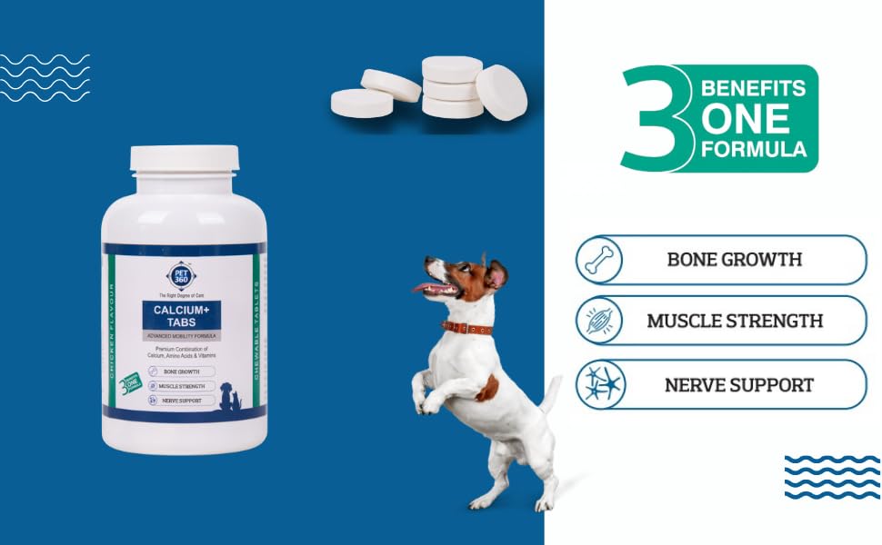 PET360 Calcium+ TABS Advanced Mobility Formula for Dogs & Cats | Bone Growth, Muscle Strength & Nerve Support with Calcium, Amino Acids & Vitamins | Chicken Flavor | Chewing Tablets - 120 Tablets 2