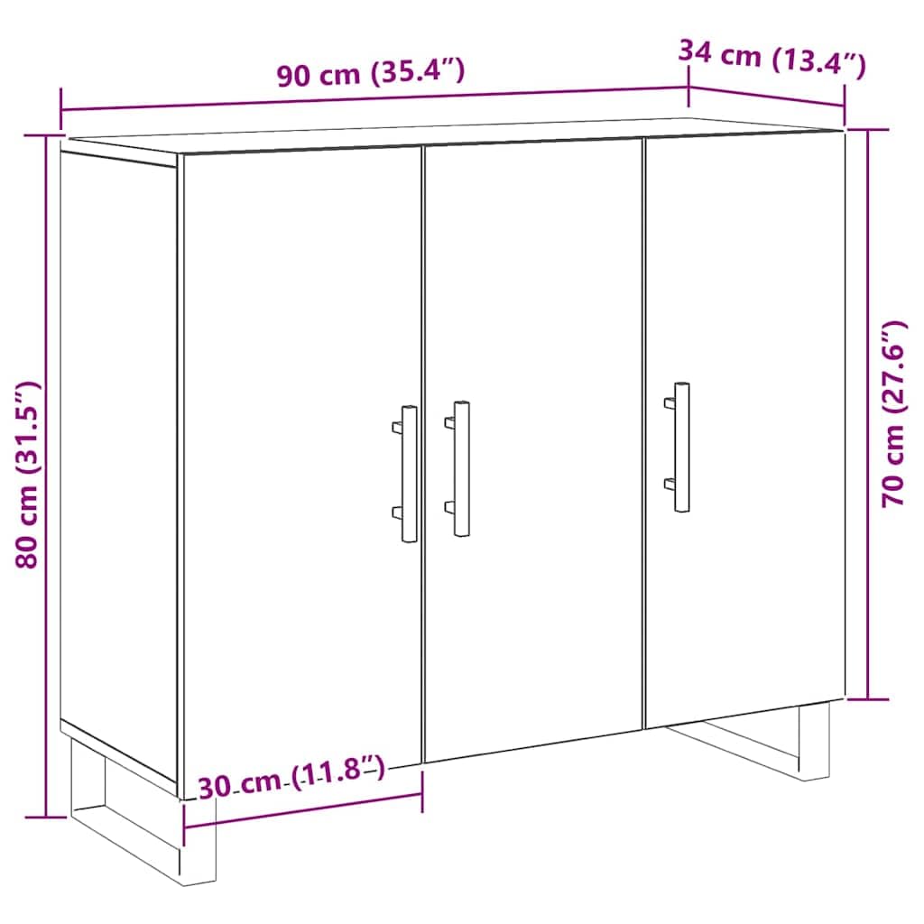 vidaXL Bufet Dąb rzemieślniczy 90 x 34 x 80 cm Drewno inżynieryjne | Dużo miejsca z trzema mocnymi drzwiami, Twarde lite drewno dębowe to gwarancja na długowieczność, Stylowy wygląd,