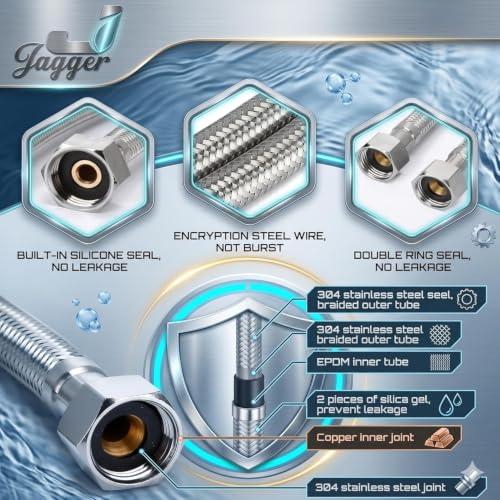 Image of JAGGER JCP2211 Wired Flexible Connection Pipe for Geyser, Toilet Flush & Wash Basin | SS 304 Braided Water Supply Hose | Hot & Cold Water Compatible | Leak Proof - Pack of 2